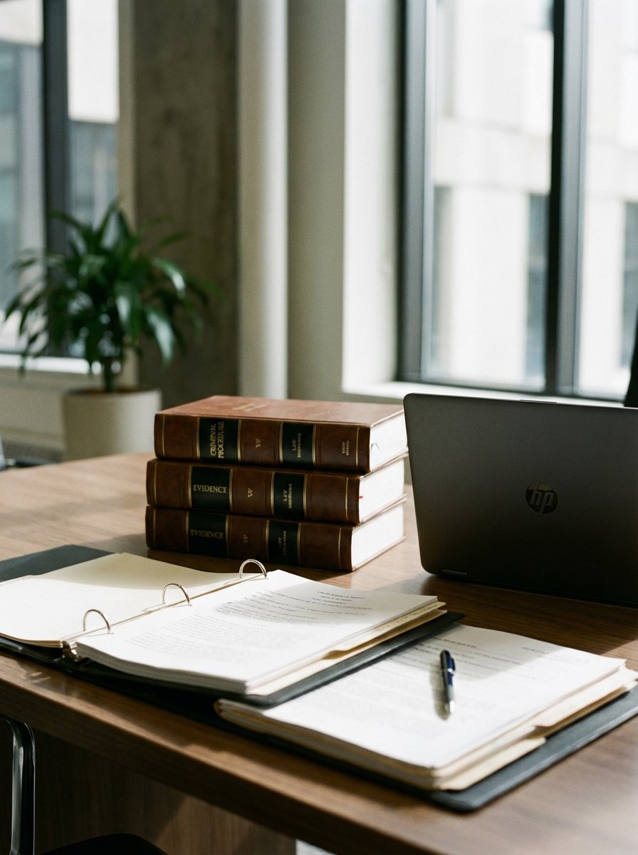 Criminal procedure and evidence law books stacked on attorney's desk with case binder open