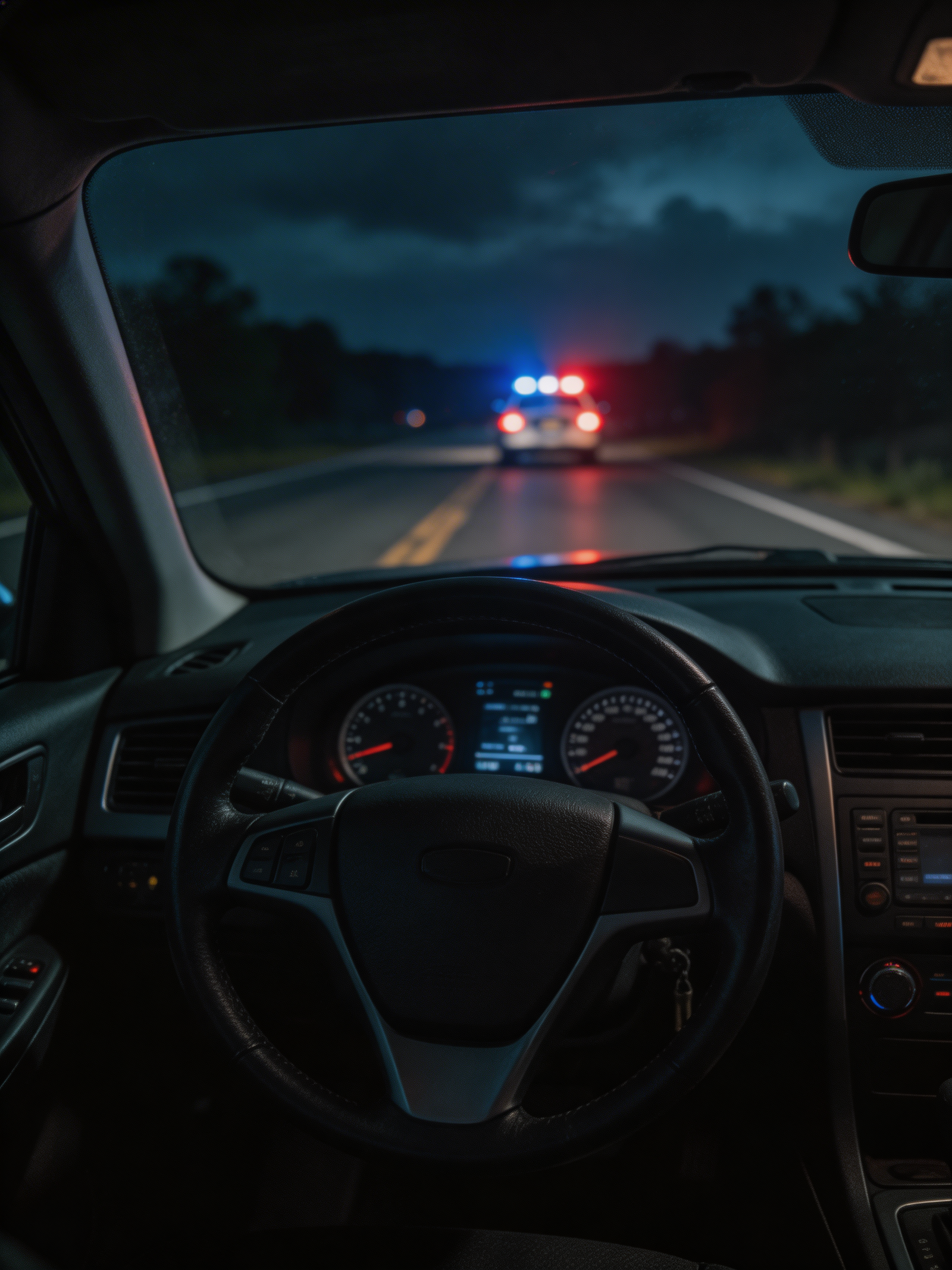 View from inside a car with police lights visible ahead on a dark Florida highway